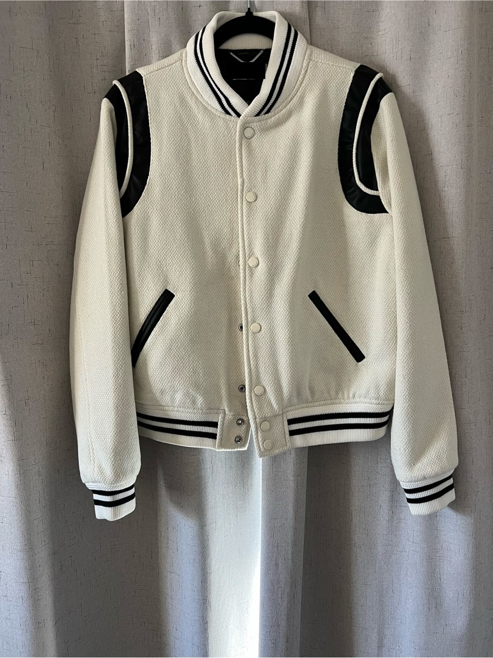 Men's White and Black Contrast Varsity Bomber Jacket